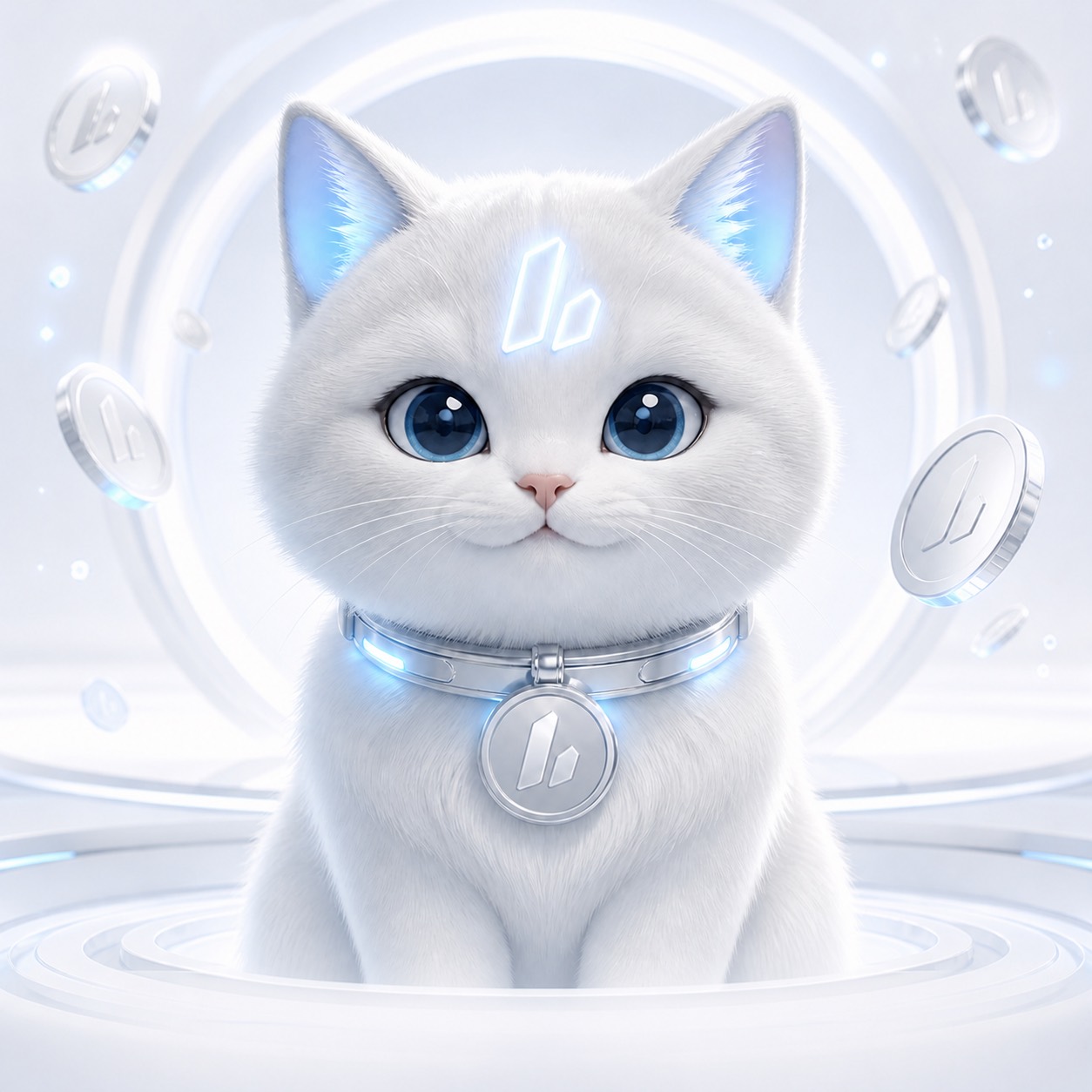 Lighter Cat, a fluffy white kitten with large blue eyes, glowing ears, forehead mark, and silver medallion
