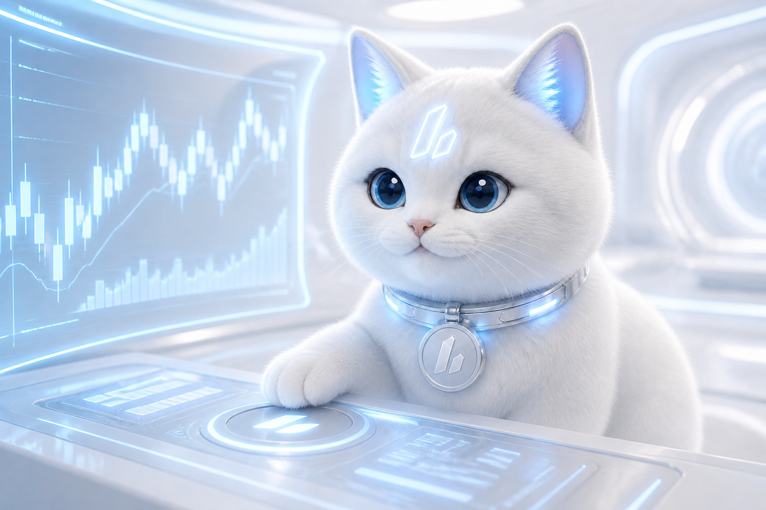 Lighter Cat at a futuristic perpetual futures trading desk