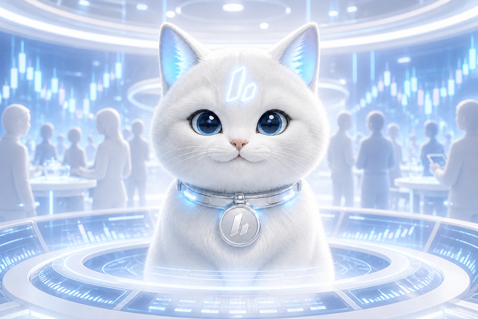 Lighter Cat at the center of a futuristic perpetual trading culture event